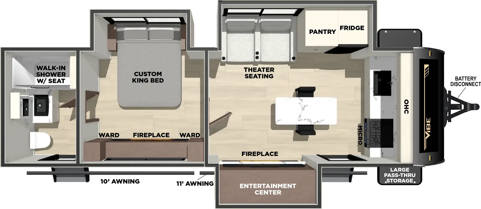 The Vibe 2500FIK floorplan has two entries and three slide outs. Exterior features include: fiberglass exterior and 18' awning. Interiors features include: front kitchen, kitchen island and rear bathroom.